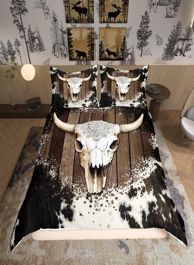 Castle Fairy Cattle Bone Skull Duvet Cover Queen Size,Cowhide Printed Comforter Cover with 2 Pillowcase for Teens,Kids Farmhouse Wood Bedding Set,White Black Brown Breathable Decorative Bed Cover(No Comforter) - Image 1