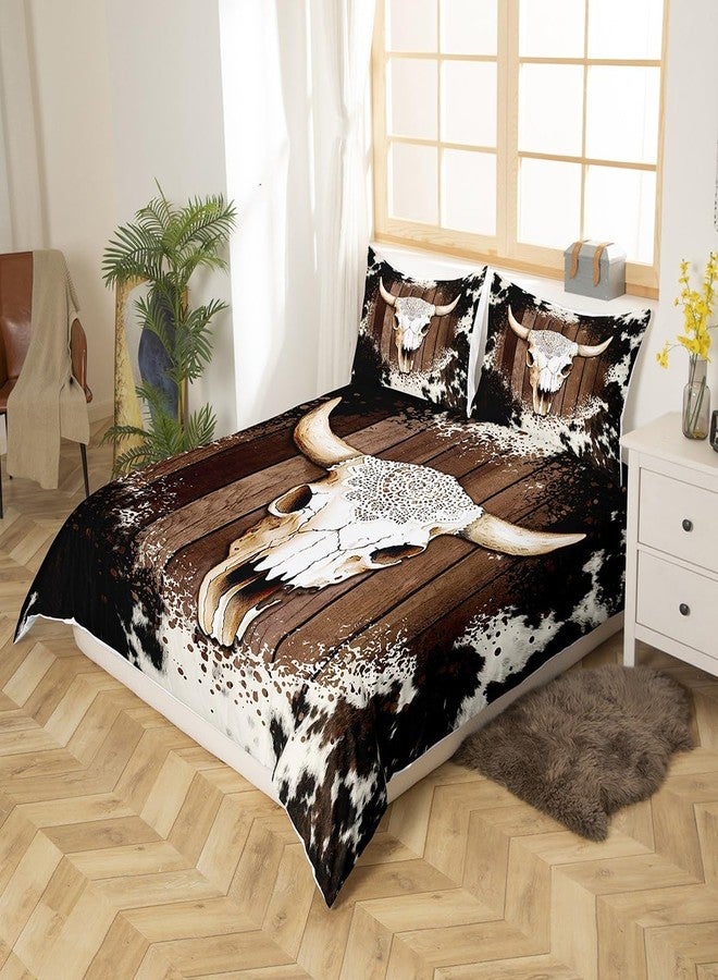 Castle Fairy Cattle Bone Skull Duvet Cover Queen Size,Cowhide Printed Comforter Cover with 2 Pillowcase for Teens,Kids Farmhouse Wood Bedding Set,White Black Brown Breathable Decorative Bed Cover(No Comforter) - Image 2