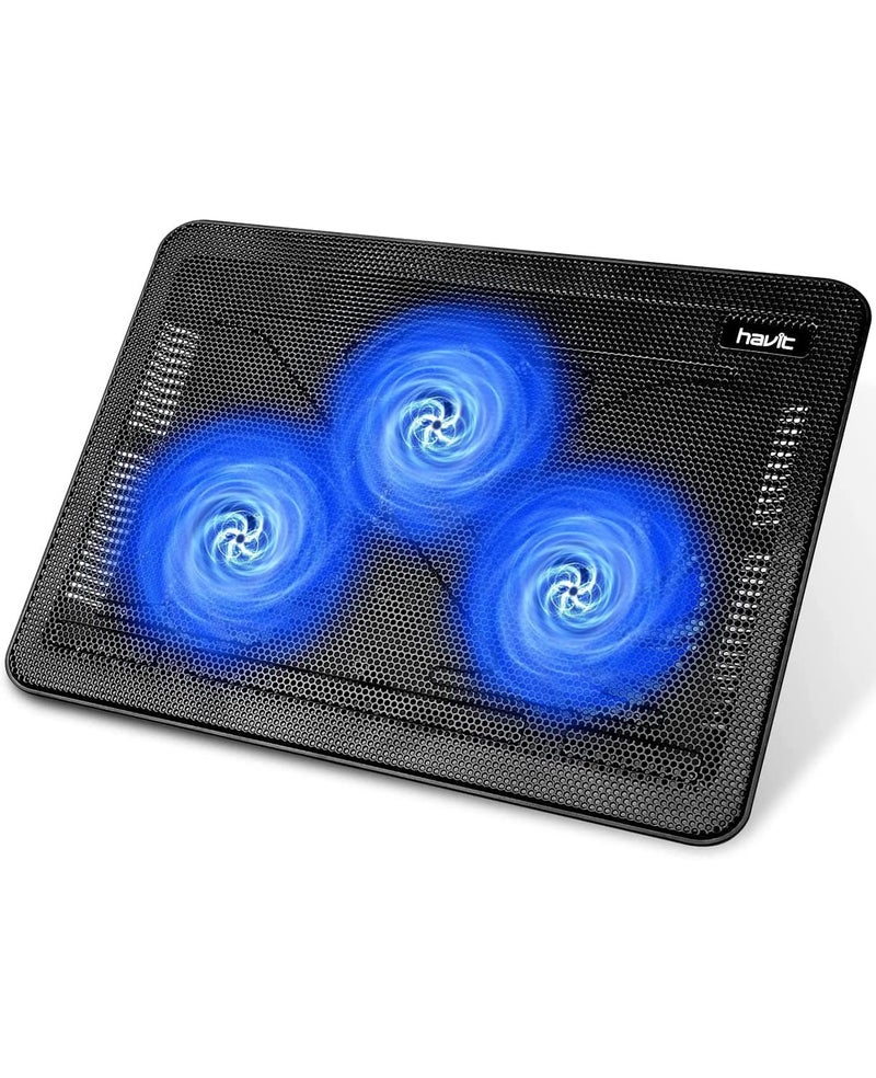 هافيت مبرد لابتوب هافيت HV-F2056 15.6-17 - قاعدة تبريد نحيفة محمولة تعمل بالطاقة عبر USB (3 مراوح)، أسود/أزرق - Image 1