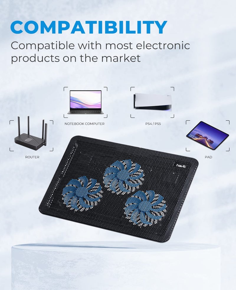 هافيت مبرد لابتوب هافيت HV-F2056 15.6-17 - قاعدة تبريد نحيفة محمولة تعمل بالطاقة عبر USB (3 مراوح)، أسود/أزرق - Image 3