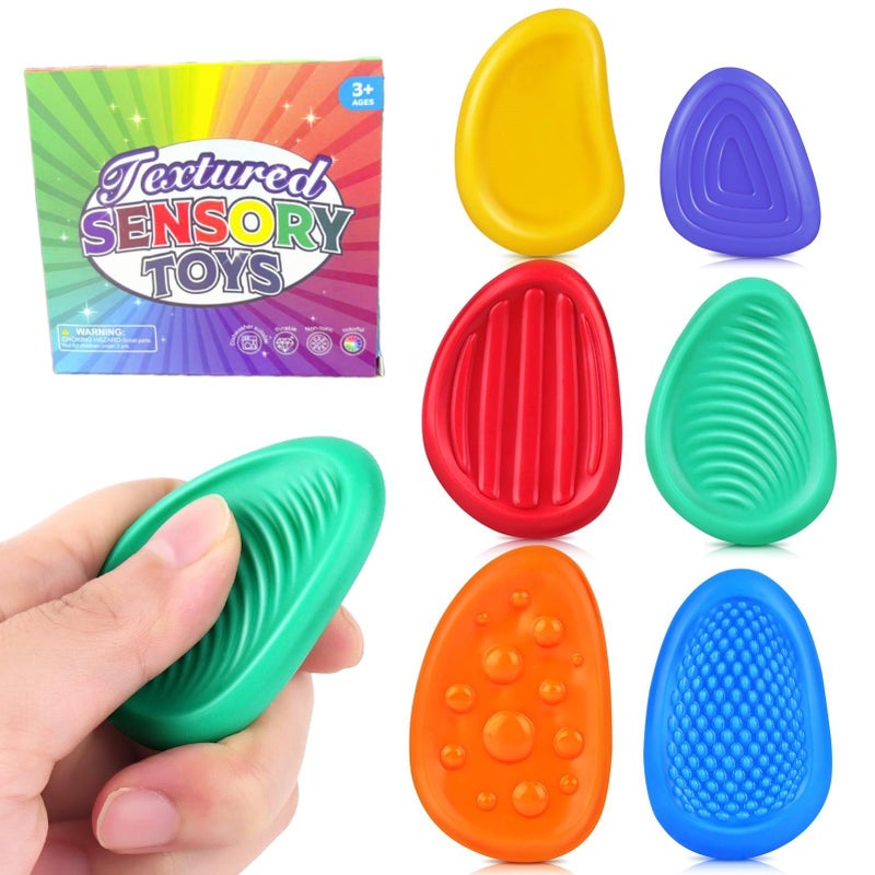 SENSORY Fidget Toys Sensory Stones 6PCS Silicone Stress Relief Toy Worry Stone Textured Anxiety Stone (Purple，orange color，yellow，Green, Red, Blue) - Image 1