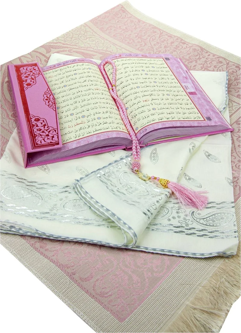 İhvan Online Gift Pink Quran Set - Pearl Prayer Beads, Gilded Cover and Taffeta Prayer Rug