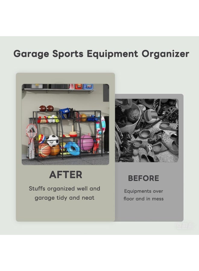 Forthcan Sports Equipment Garage Organizer - Ball Storage Rack with Elastic Rope or Wire Mesh,Garage Organizer System with Wheels,Indoor/Outdoor Sports Rack for Sports Gear and Toys Storage,Black - Image 2