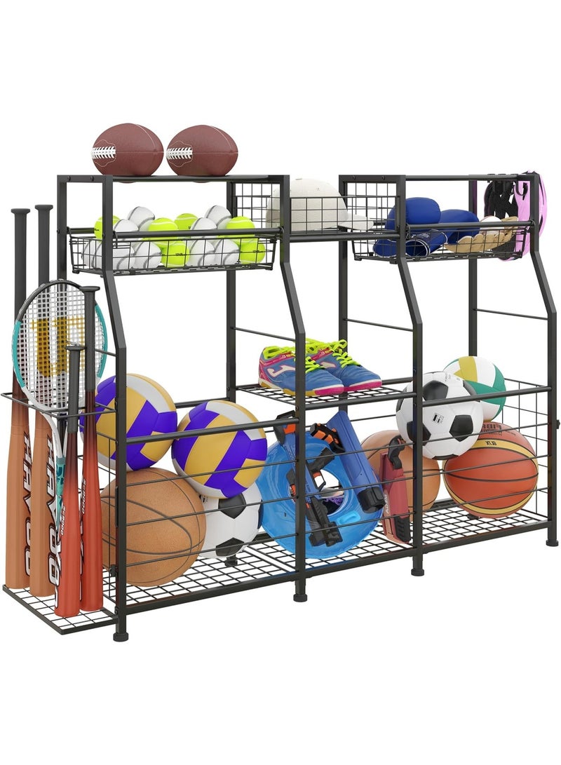 Forthcan Sports Equipment Garage Organizer - Ball Storage Rack with Elastic Rope or Wire Mesh,Garage Organizer System with Wheels,Indoor/Outdoor Sports Rack for Sports Gear and Toys Storage,Black - Image 1
