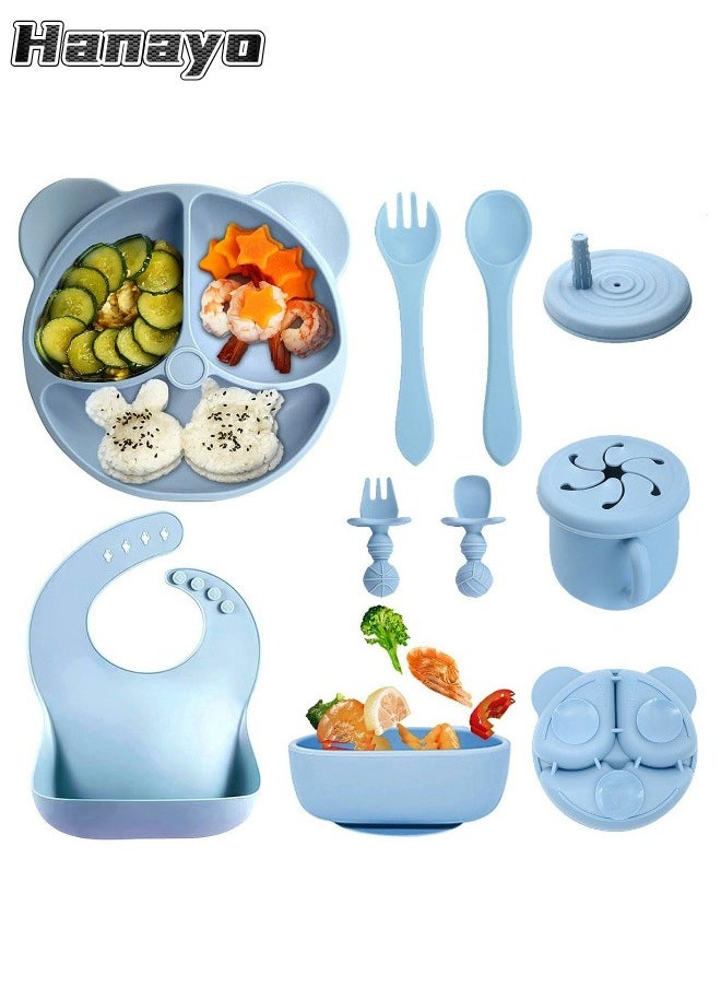 Hanayo 8 Pcs Silicone Baby Feeding Set Baby Led Weaning Supplies Set with Suction Plate and Bowl Self Feeding Spoons Forks Sippy Cup Adjustable Bib with Food Collector(Blue)  - Image 1