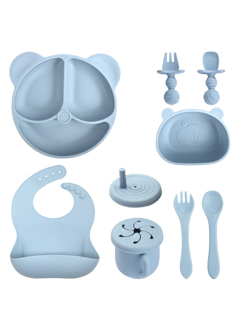 Hanayo 8 Pcs Silicone Baby Feeding Set Baby Led Weaning Supplies Set with Suction Plate and Bowl Self Feeding Spoons Forks Sippy Cup Adjustable Bib with Food Collector(Blue)  - Image 2
