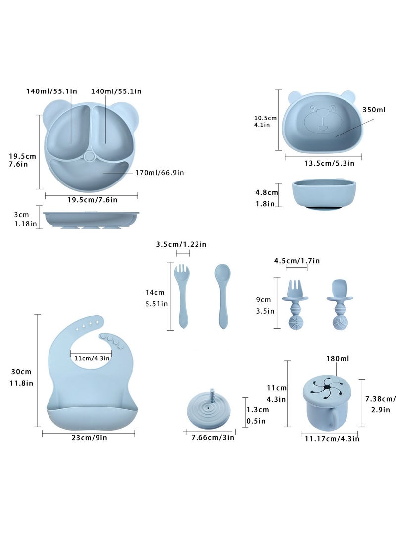 Hanayo 8 Pcs Silicone Baby Feeding Set Baby Led Weaning Supplies Set with Suction Plate and Bowl Self Feeding Spoons Forks Sippy Cup Adjustable Bib with Food Collector(Blue)  - Image 3