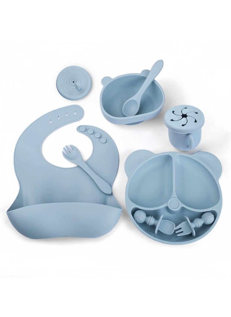 Hanayo 8 Pcs Silicone Baby Feeding Set Baby Led Weaning Supplies Set with Suction Plate and Bowl Self Feeding Spoons Forks Sippy Cup Adjustable Bib with Food Collector(Blue)  - Image 4