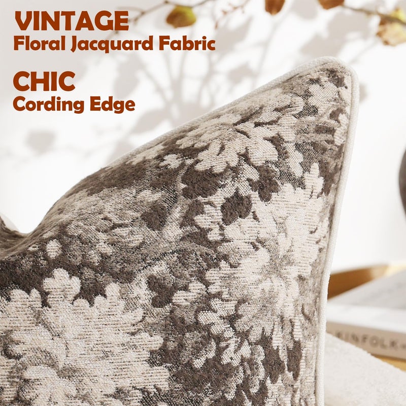 DEZENE Pack of 2 Vintage Floral Throw Pillow Covers 22x22 Boho Farmhouse Accents Chenille Square Decorative Pillow Cases for Living Room Couch Bed Home Decor, Grey - Image 3