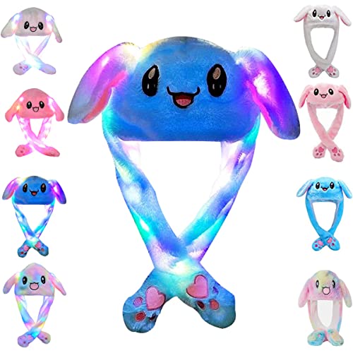 umbresen Bunny Hat Ear Moving Jumping Rabbit Hat Funny Cute Plush Animal Cap with Paws for Kids Women Girl Party Christmas Holiday Birthday Dress up Cosplay Costume Gift LED Blue - Image 1