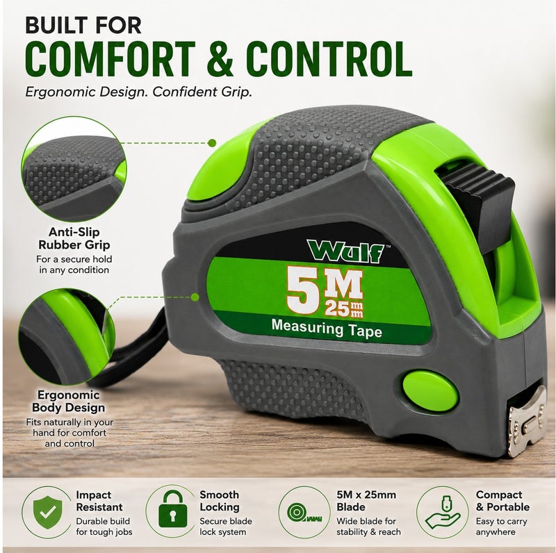 WULF Measuring Tape 5 Meter Professional Steel Tape Measure 5m x 25mm with Dual Lock System, Rubberized Impact Resistant Case and Metric Scale for Construction, Engineering, Surveying & DIY Use - Image 4