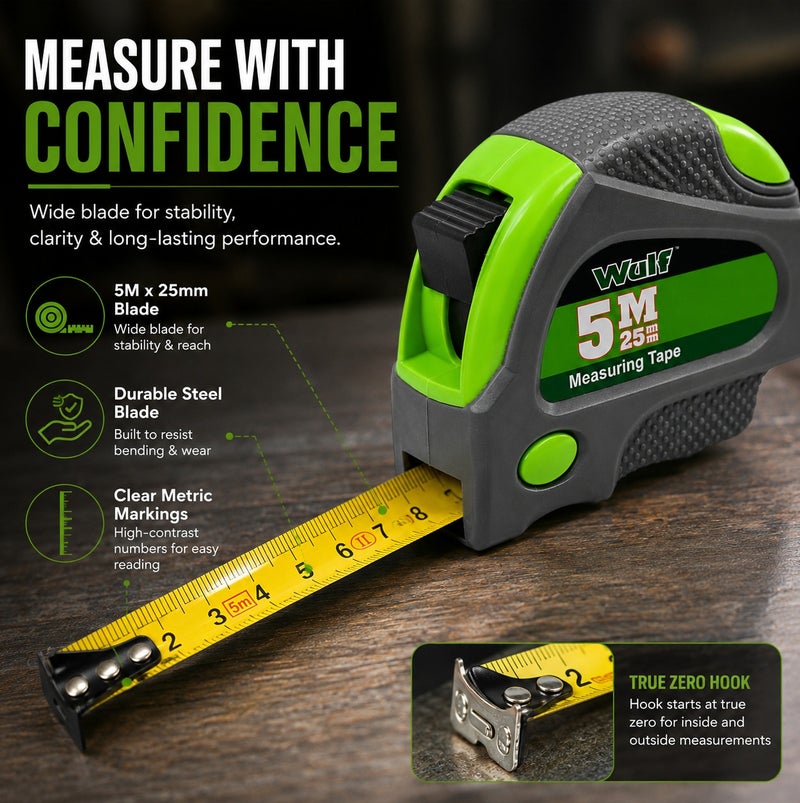 WULF Measuring Tape 5 Meter Professional Steel Tape Measure 5m x 25mm with Dual Lock System, Rubberized Impact Resistant Case and Metric Scale for Construction, Engineering, Surveying & DIY Use - Image 5