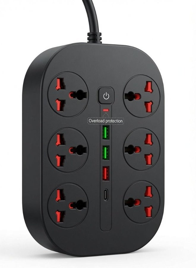 Gulf Trend 6-Outlet Universal Power Strip with 3 USB-A & 1 USB-C Charging Ports, 2M Extension Cable, Overload Protection, Multi Socket Extension Board for Home, Office, Desktop & Travel - Image 1