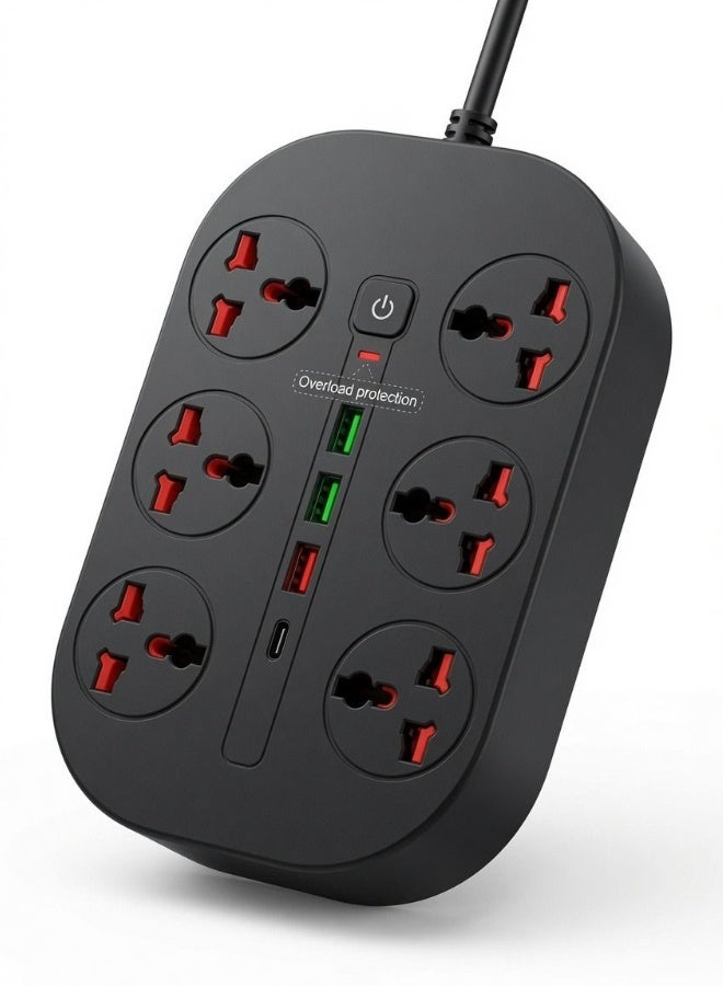 Gulf Trend 6-Outlet Universal Power Strip with 3 USB-A & 1 USB-C Charging Ports, 2M Extension Cable, Overload Protection, Multi Socket Extension Board for Home, Office, Desktop & Travel - Image 5