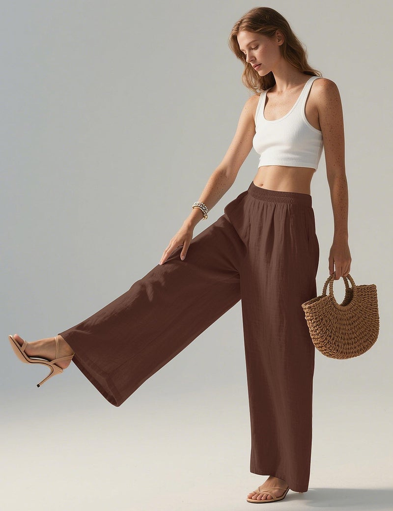 LOMON Wide Leg Linen Pants for Women Palazzo Summer Flowy Pants Beach Vacation Clothes Loose Casual Travel Trousers with Pockets (Coffee Brown, M) - Image 5