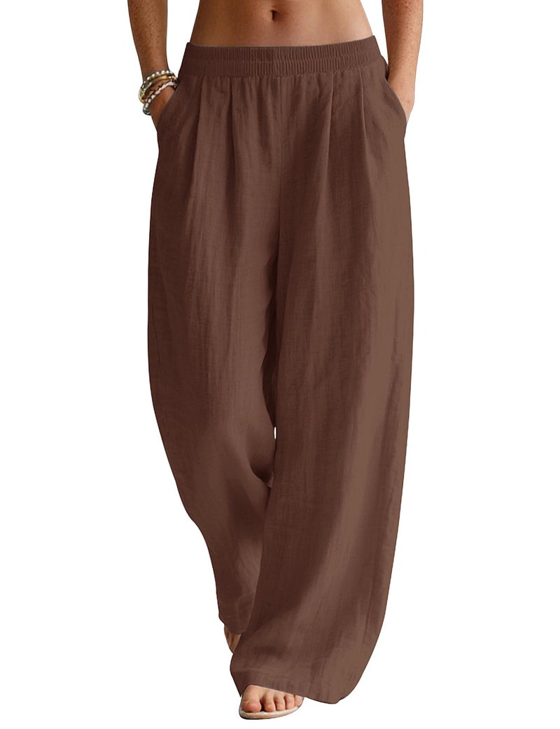 LOMON Wide Leg Linen Pants for Women Palazzo Summer Flowy Pants Beach Vacation Clothes Loose Casual Travel Trousers with Pockets (Coffee Brown, M) - Image 1