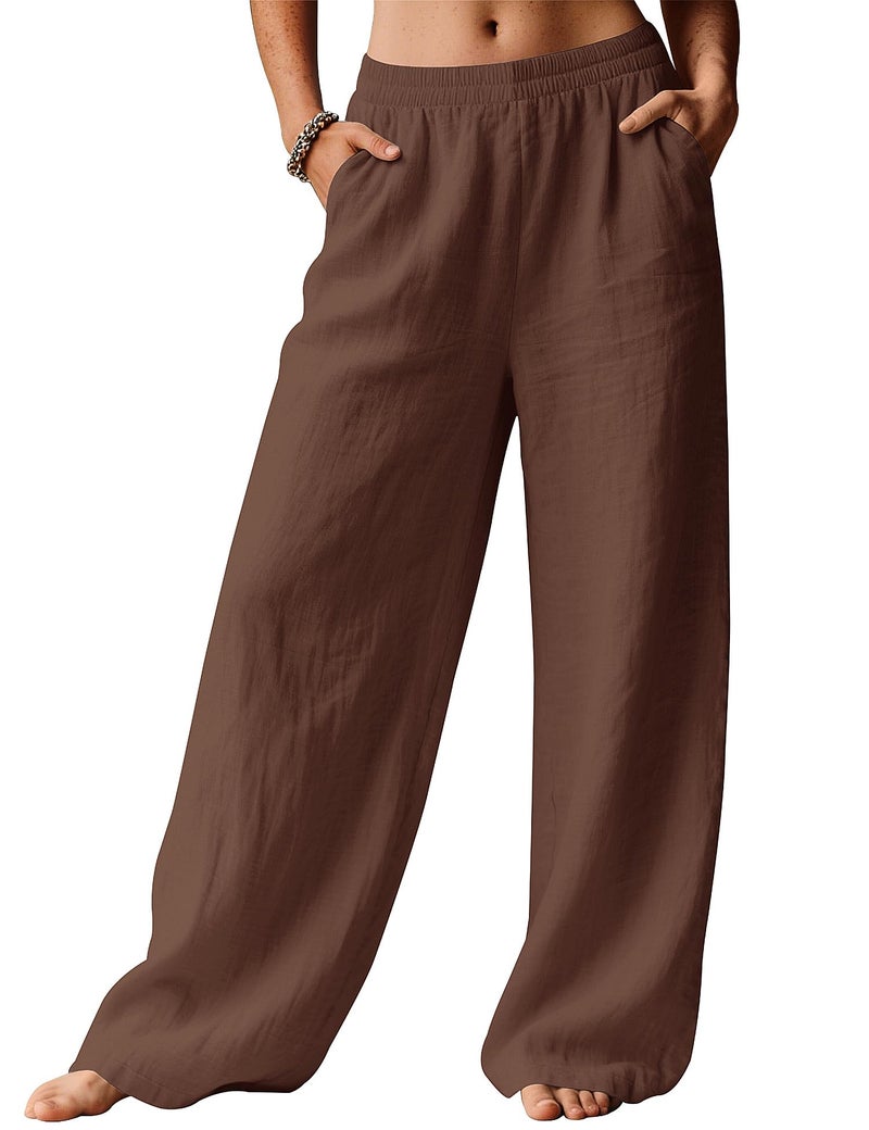 LOMON Wide Leg Linen Pants for Women Palazzo Summer Flowy Pants Beach Vacation Clothes Loose Casual Travel Trousers with Pockets (Coffee Brown, M) - Image 2