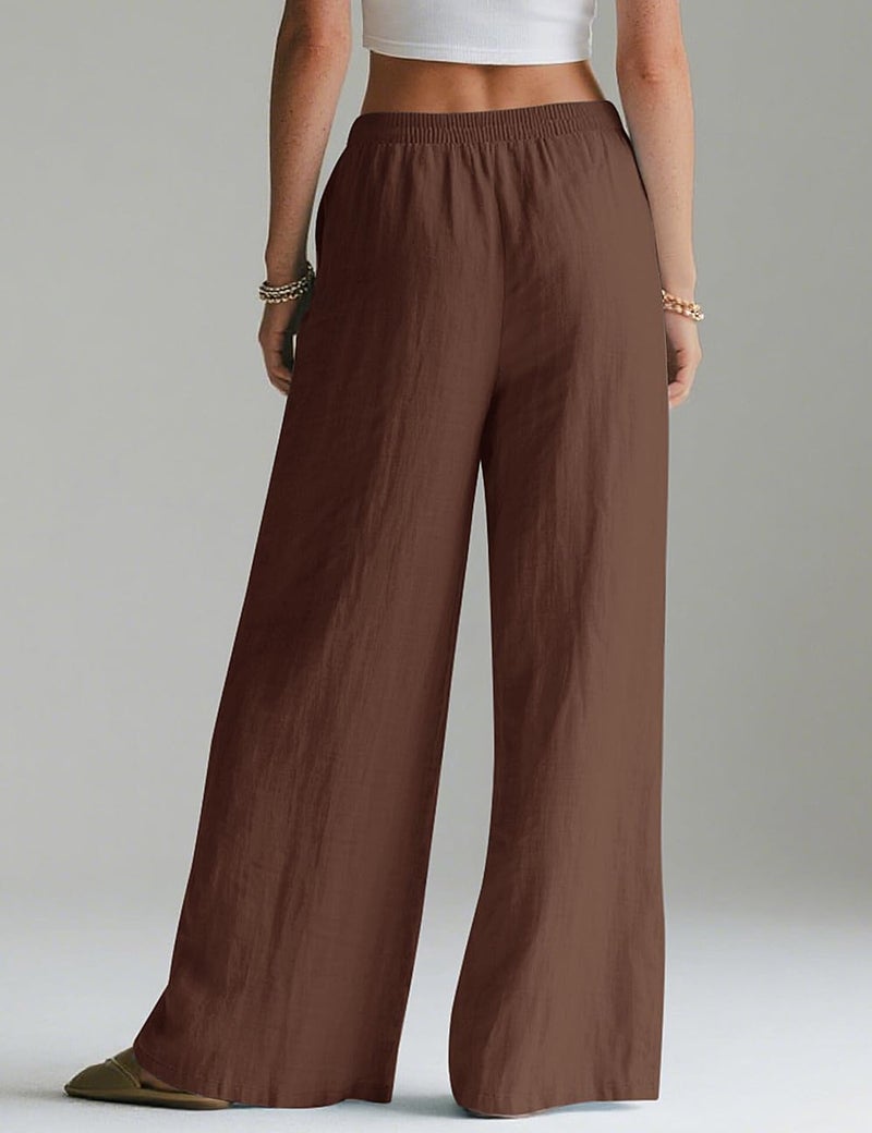 LOMON Wide Leg Linen Pants for Women Palazzo Summer Flowy Pants Beach Vacation Clothes Loose Casual Travel Trousers with Pockets (Coffee Brown, M) - Image 4
