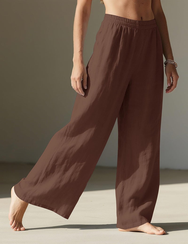 LOMON Wide Leg Linen Pants for Women Palazzo Summer Flowy Pants Beach Vacation Clothes Loose Casual Travel Trousers with Pockets (Coffee Brown, M) - Image 3