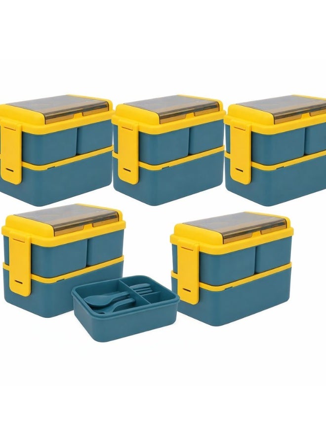 مجموعة من 5 علب غداء بينتو قابلة للتكديس - مجموعة حاويات طعام مزدوجة الطبقات سعة 1400 مل مانعة للتسرب مع 3 أقسام، آمنة للاستخدام في الميكروويف وغسالة الصحون، تتضمن شوكة وملعقة قابلة لإعادة الاستخدام (أزرق) - Image 1