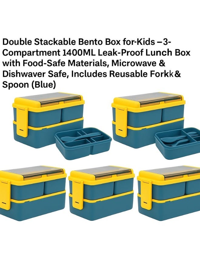 مجموعة من 5 علب غداء بينتو قابلة للتكديس - مجموعة حاويات طعام مزدوجة الطبقات سعة 1400 مل مانعة للتسرب مع 3 أقسام، آمنة للاستخدام في الميكروويف وغسالة الصحون، تتضمن شوكة وملعقة قابلة لإعادة الاستخدام (أزرق) - Image 2