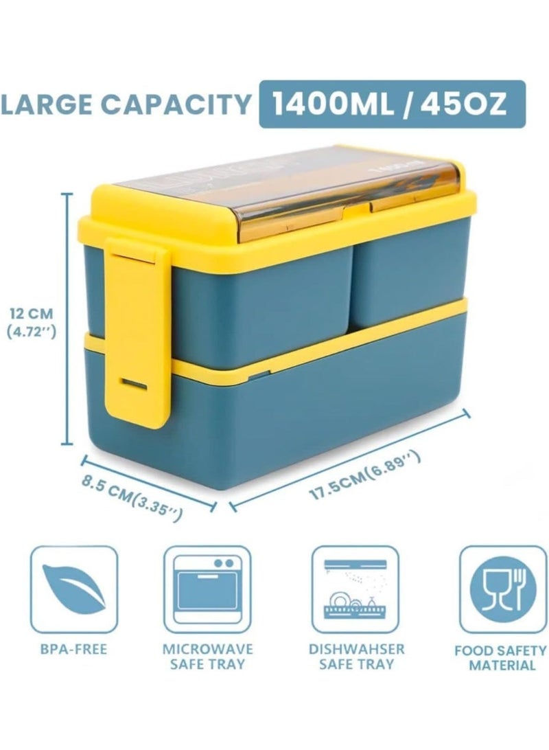 مجموعة من 5 علب غداء بينتو قابلة للتكديس - مجموعة حاويات طعام مزدوجة الطبقات سعة 1400 مل مانعة للتسرب مع 3 أقسام، آمنة للاستخدام في الميكروويف وغسالة الصحون، تتضمن شوكة وملعقة قابلة لإعادة الاستخدام (أزرق) - Image 5
