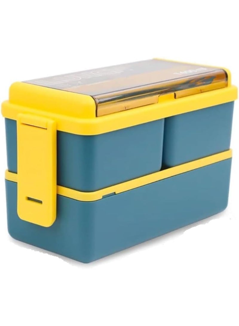 مجموعة من 5 علب غداء بينتو قابلة للتكديس - مجموعة حاويات طعام مزدوجة الطبقات سعة 1400 مل مانعة للتسرب مع 3 أقسام، آمنة للاستخدام في الميكروويف وغسالة الصحون، تتضمن شوكة وملعقة قابلة لإعادة الاستخدام (أزرق) - Image 3