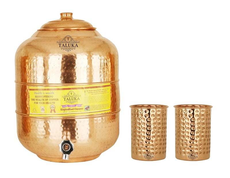 Taluka Copper Hammer Water Tank Dispenser 12 L with 350 ml Glass 2 PC Copper - Image 1