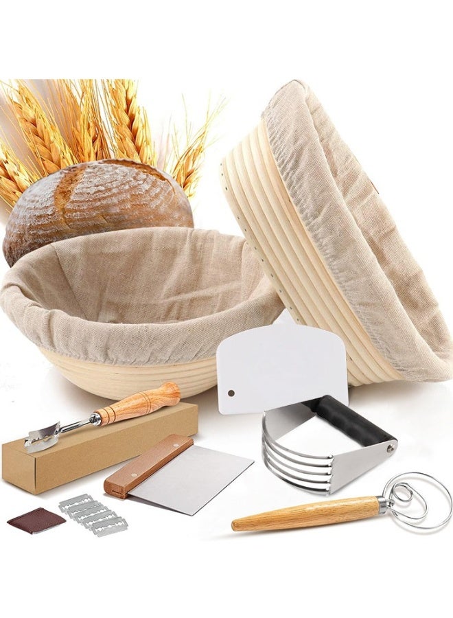 14-piece Set Bread Baking Kit Baking Tools, Sourdough Starter Kit Bread Proofing Basket Set,Bread Proofing Basket Set, Oval Basket With Cloth Cover/Round Basket With Cloth Cover, Natural Rattan Oval - Image 2