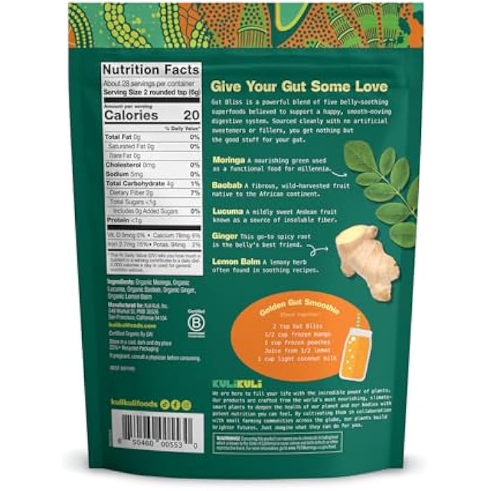 Kuli Kuli Gut Bliss Superfood Powder [6 oz] - Powerful Blend of Organic Moringa, Baobab, Lucuma, Ginger and Lemon Balm - Promote Digestion, Soothe the Stomach and Boost Gut Health - Image 2