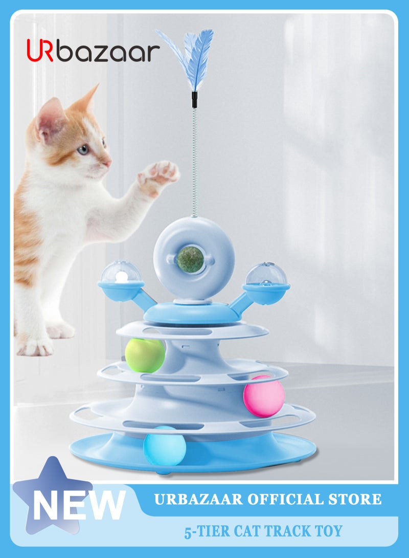 أوربازار لعبة قطط تفاعلية للقطط التي تعيش داخل المنزل، كرات لعب قطط دوارة بخمسة مستويات مع 4 كرات ملونة و1 عشبة النعناع البري، لعبة قطط دائرية مع عصا ريش قطط، مناسبة للقطط الصغيرة أثناء الصيد/المطاردة/ممارسة الرياضة (أزرق) - Image 1
