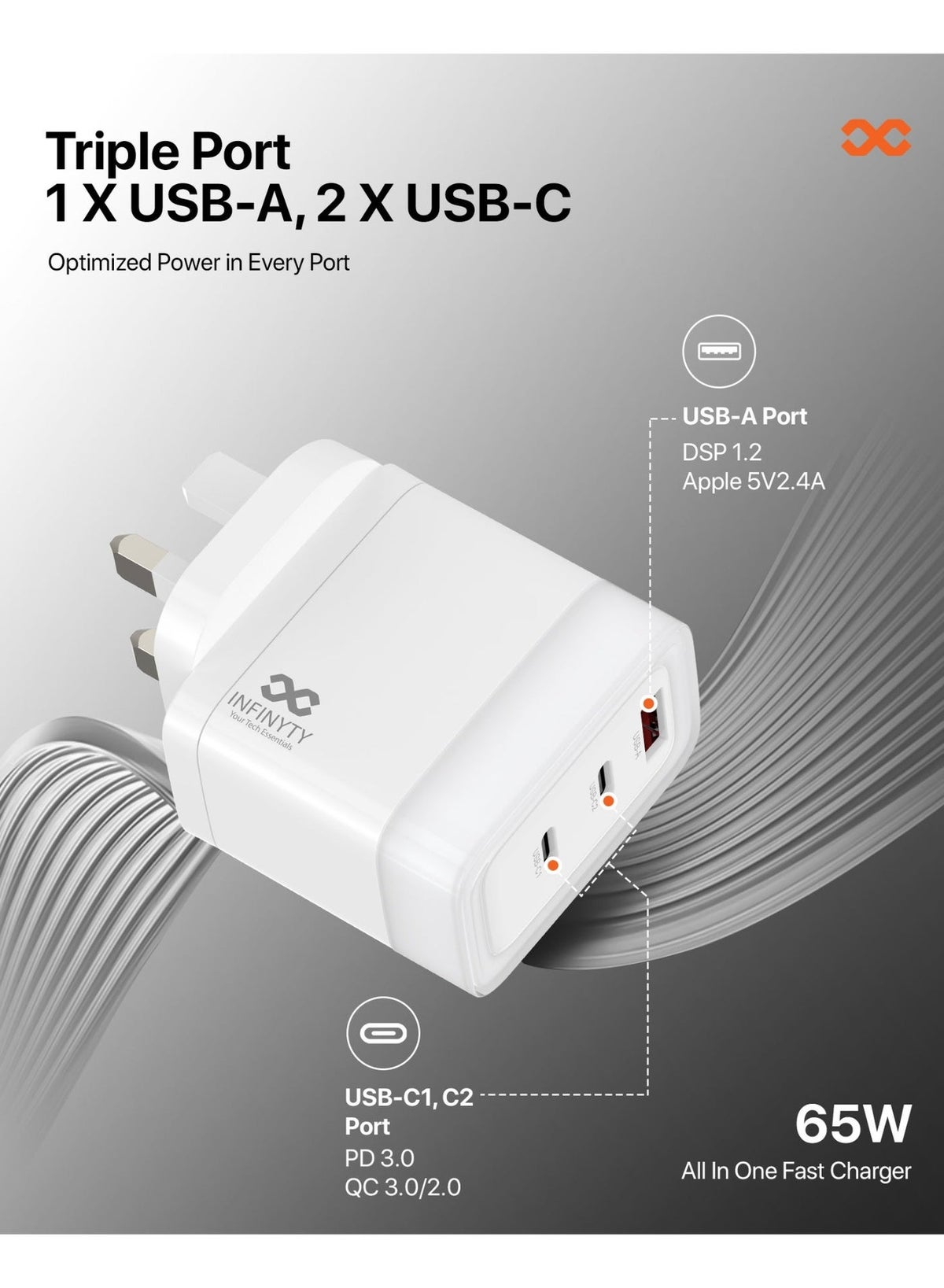 Infinity Voltx-65 65W Gan Wall Charger - White