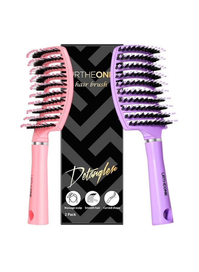 URTHEONE Sh,Urtheone Detangling Hairbrush Boar Bristle Curved Vented Hair Brush For Women Men Kids Curly Thick Long Short Wet Or Dry Hair, Faster Blow Drying (2Pack, Pink&Purple) - Image 1