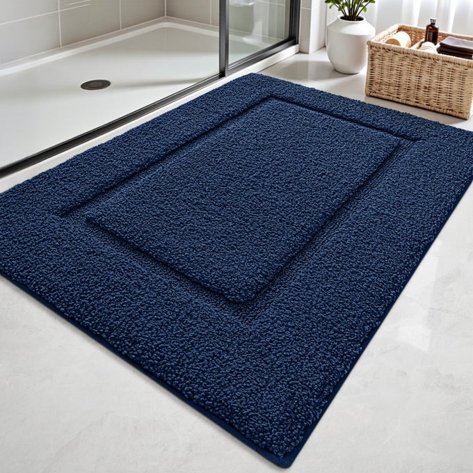 BATHROOM RUGS 32X20 WASHABLE NON SLIP BATH MAT FOR SHOWER FLOOR ABSORBENT QUICK DRY BATHMAT WITH RUBBER BACKING ULTRA SOFT PLUSH CARPET FOR TUB NAVY
