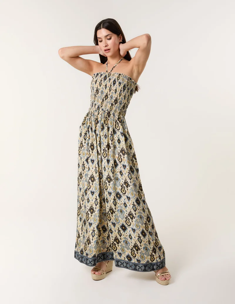 Blue Vanilla  Printed Bandeau Tie Neck Shirred Jumpsuit for Women | Best Price UAE