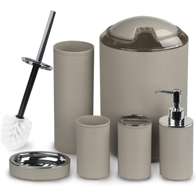 BATHROOM ACCESSORY SET 6 PCS TOOTHBRUSH HOLDER TOOTHBRUSH CUP SOAP DISPENSER SOAP DISH TOILET BRUSH TRASH CAN BATHROOM DCOR SETS ACCESSORIES BEIGE
