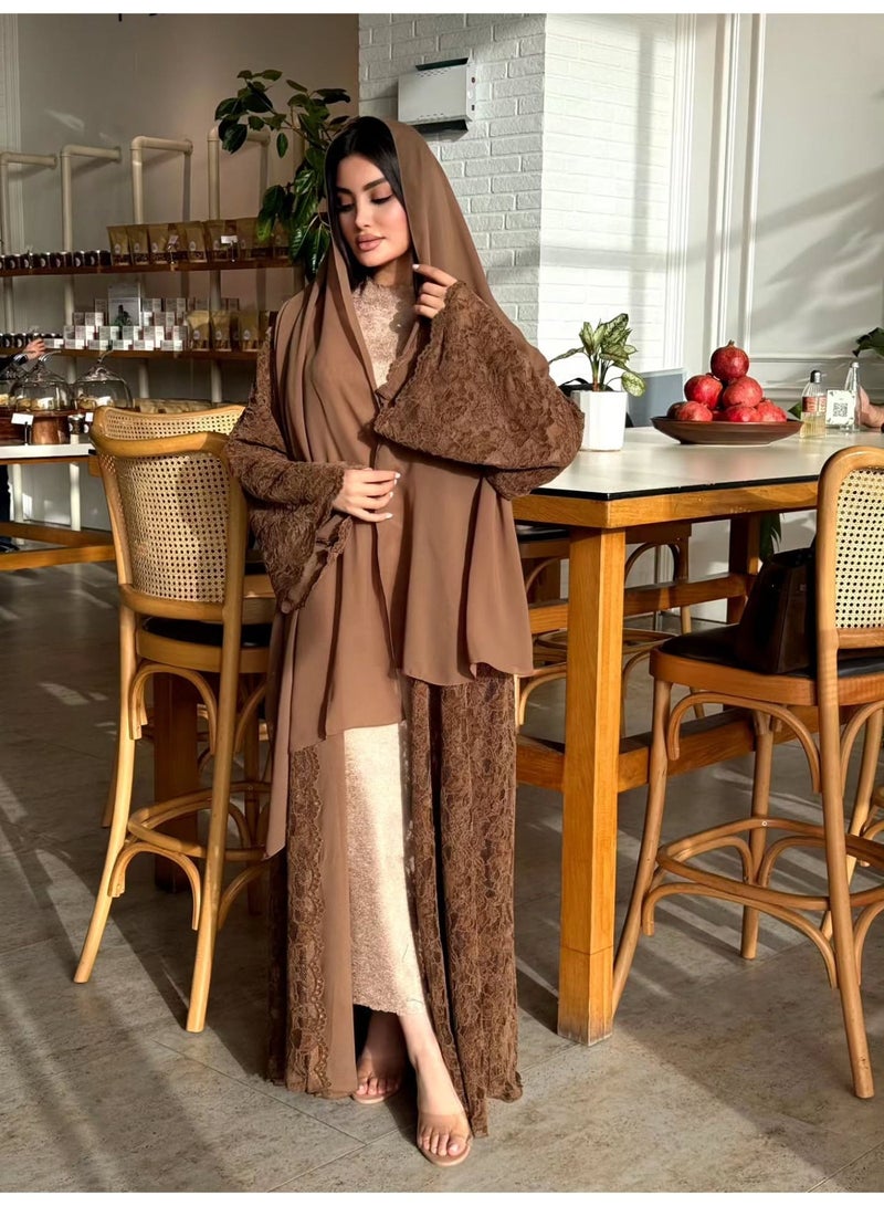 Hafizah Women’s Brown Floral Lace Open Front Abaya 2-Piece Set with Matching Hijab, Long Bell Sleeve Maxi Kimono Cardigan - Image 4