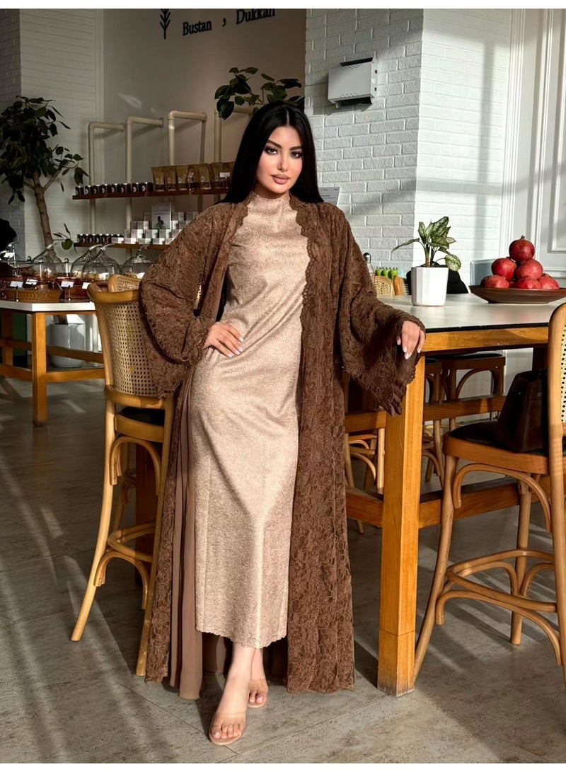 Hafizah Women’s Brown Floral Lace Open Front Abaya 2-Piece Set with Matching Hijab, Long Bell Sleeve Maxi Kimono Cardigan - Image 5