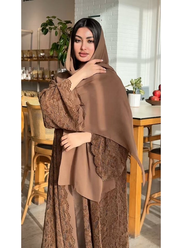 Hafizah Women’s Brown Floral Lace Open Front Abaya 2-Piece Set with Matching Hijab, Long Bell Sleeve Maxi Kimono Cardigan - Image 3