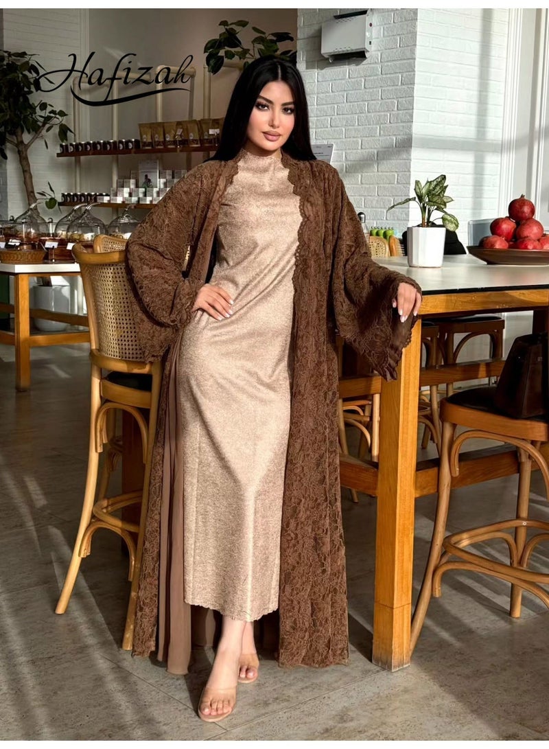 Hafizah Women’s Brown Floral Lace Open Front Abaya 2-Piece Set with Matching Hijab, Long Bell Sleeve Maxi Kimono Cardigan - Image 1