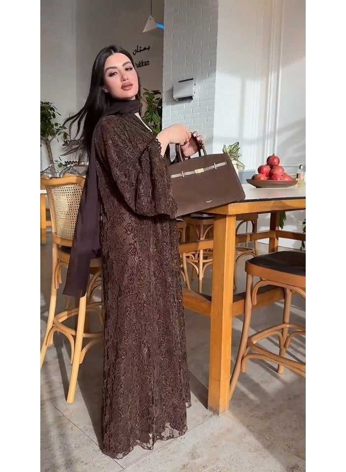 Hafizah Women’s Brown Floral Lace Open Front Abaya 2-Piece Set with Matching Hijab, Long Bell Sleeve Maxi Kimono Cardigan - Image 2