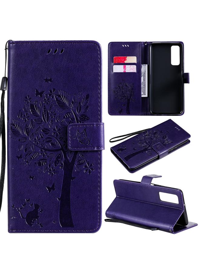S-TOP Case For Huawei P Smart 2021 Tree & Cat Pattern Pressed Printing Horizontal Flip PU Leather Case with Holder & Card Slots & Wallet & Lanyard - Image 1