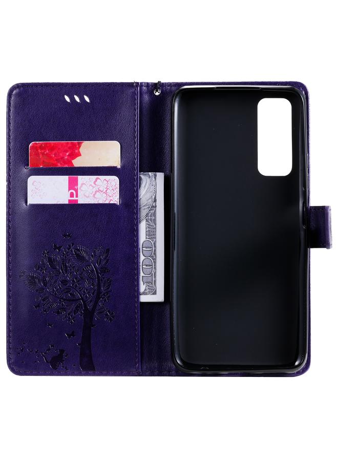 S-TOP Case For Huawei P Smart 2021 Tree & Cat Pattern Pressed Printing Horizontal Flip PU Leather Case with Holder & Card Slots & Wallet & Lanyard - Image 4