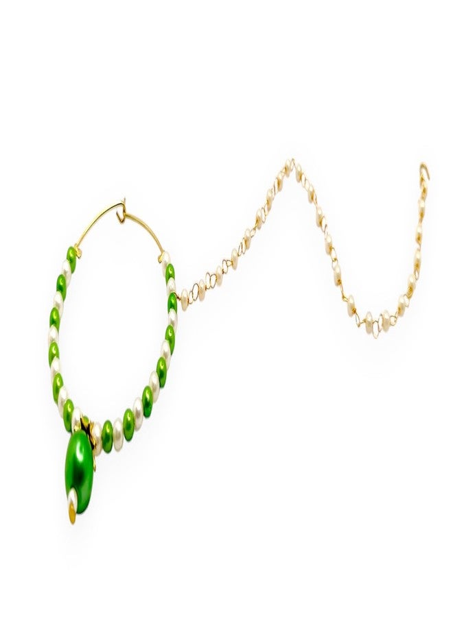 SUN SHINE Traditional Nose Ring with Pearl Chain, Green and White Beads, Gold-Toned - Image 1