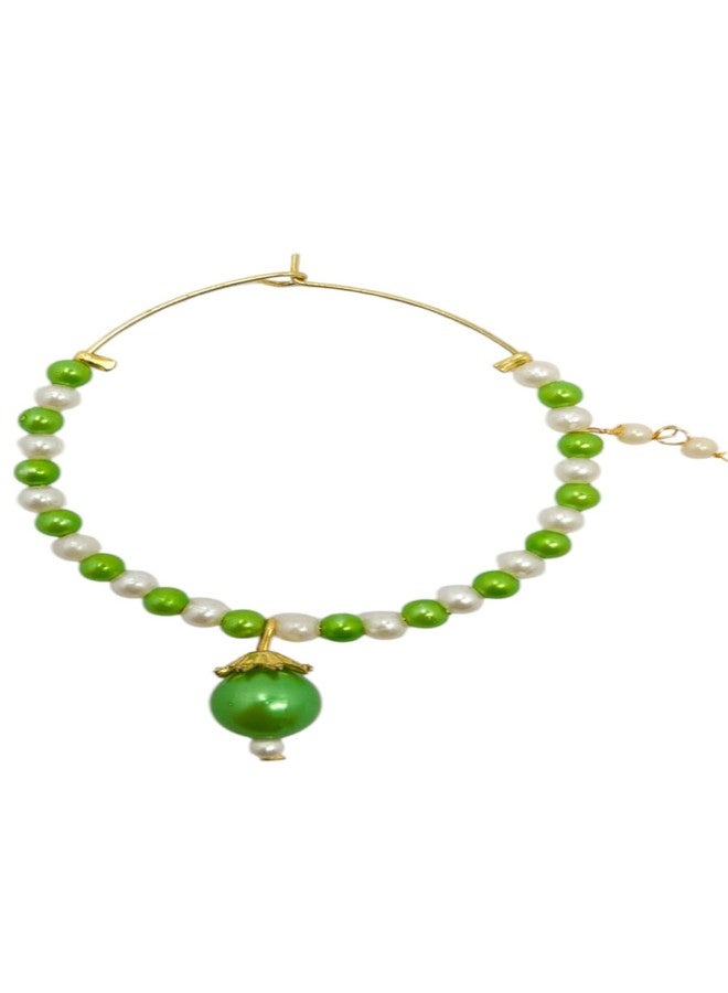 SUN SHINE Traditional Nose Ring with Pearl Chain, Green and White Beads, Gold-Toned - Image 3