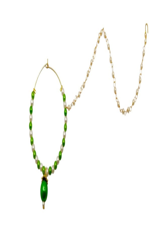 SUN SHINE Traditional Nose Ring with Pearl Chain, Green and White Beads, Gold-Toned - Image 2