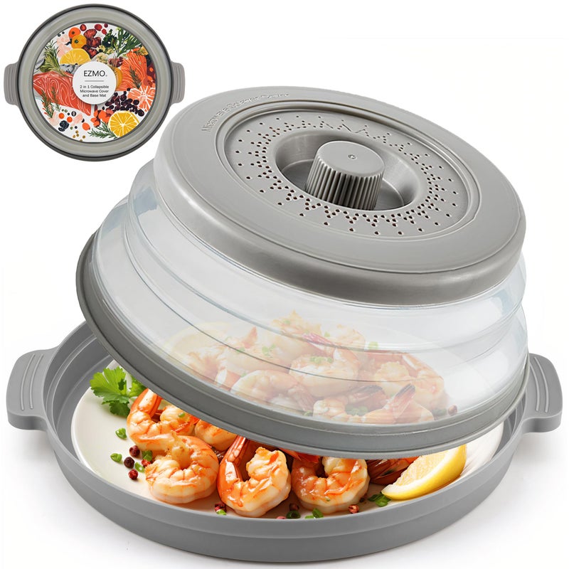 EZMO 2 in 1 Collapsible Microwave Splatter Cover for food, with Tray & Handles - Vented Silicone Splatter Guard Lid - Vegetable Fruit Colander - BPA-Free Kitchen Gadget for Meal Prep â€“ 10.7 inch - Image 1