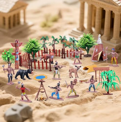 kukifun 31Pcs Native American Village Playset Assorted Indigenous People Figures with Tepee Totem Pole Fence Trees Animals Tribal Cultural History Educational School Project Toys for Kids - Image 5