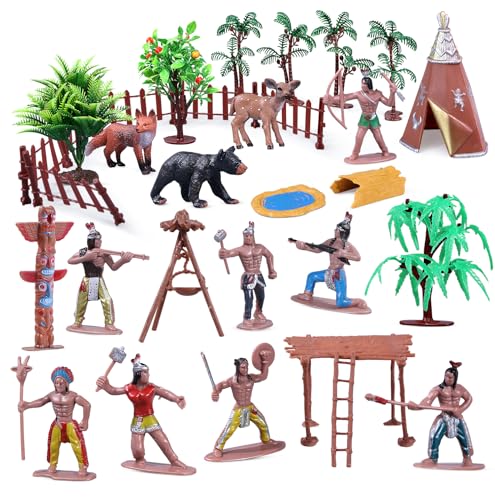 kukifun 31Pcs Native American Village Playset Assorted Indigenous People Figures with Tepee Totem Pole Fence Trees Animals Tribal Cultural History Educational School Project Toys for Kids - Image 1