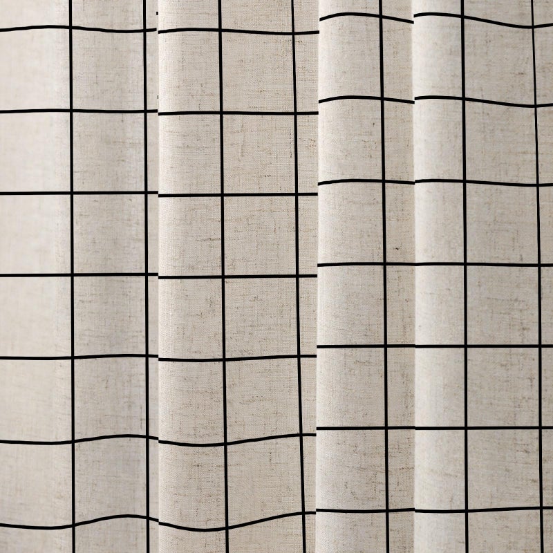 WOUVMA Farmhouse Plaid Shower Curtain Beige Linen Shower Curtains for Bathroom Natural Black Pattern 72 x 72 Inch - Image 3